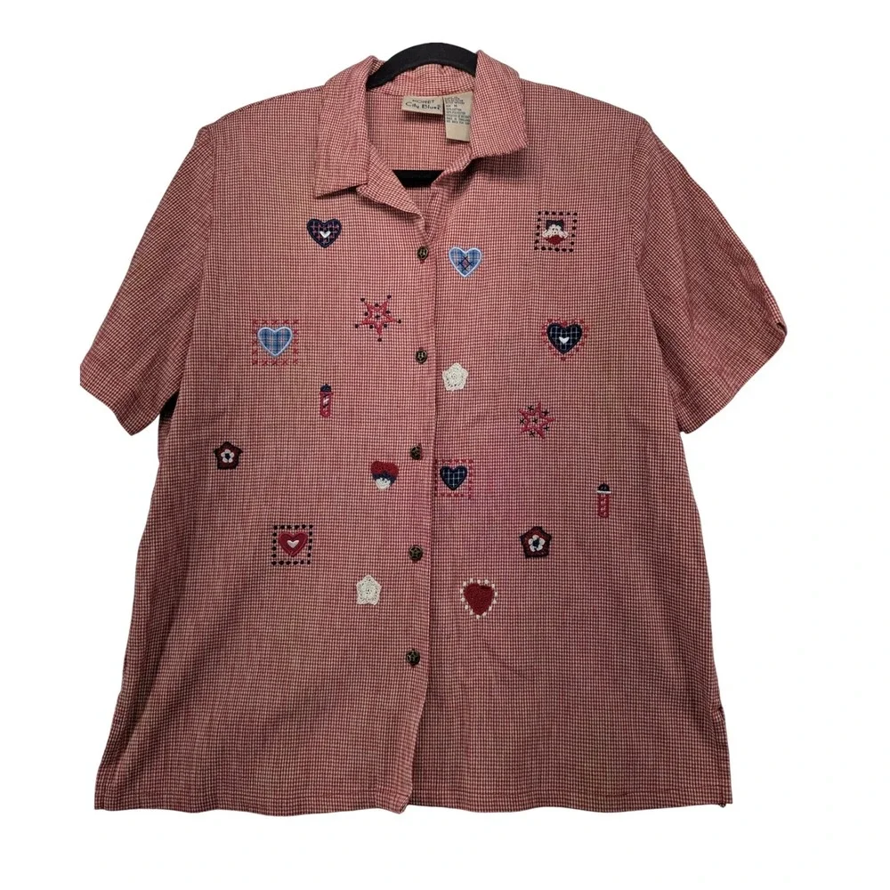 Koret City Blues Womens Medium Red Gingham Embroidered Heart Star Button Shirt - Picture 1 of 8